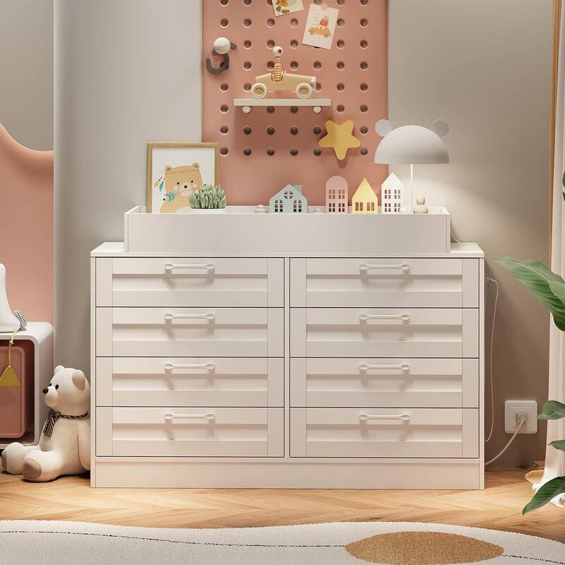 Baby Changing Dresser with 8 Drawers,Wooden Nursery Dresser with Safety Rail & Open Shelf
