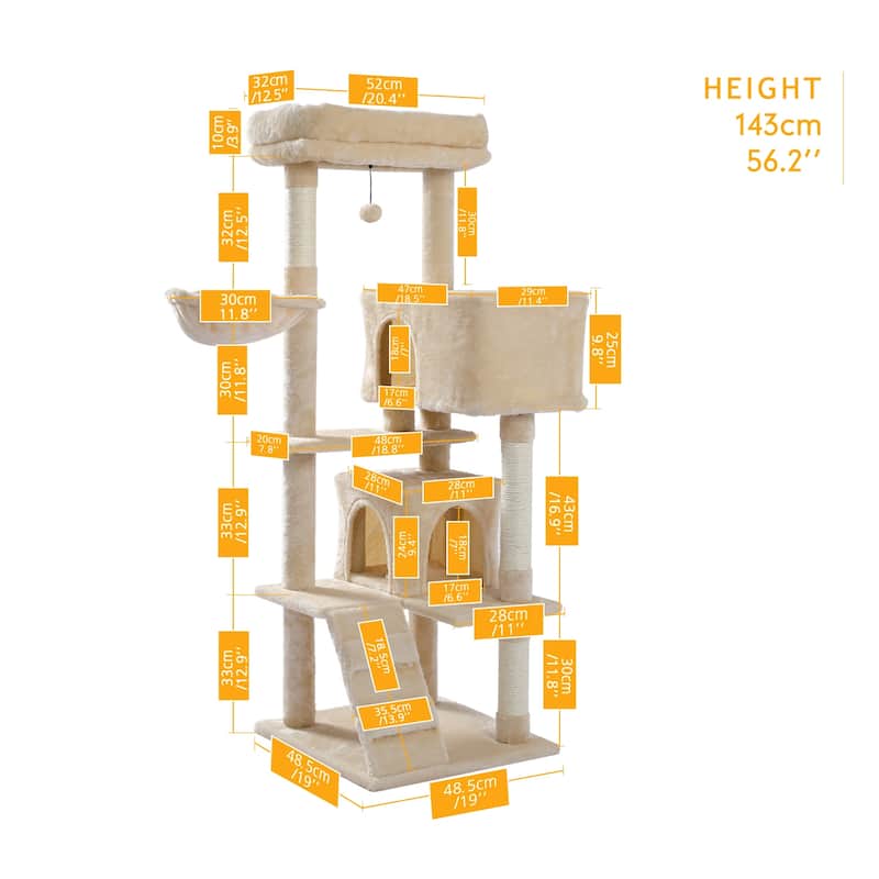 Cat Tree with Large Top Perch, Plush Hammock, 2 Condos, Dangling Pompom & Cat Scratching Posts