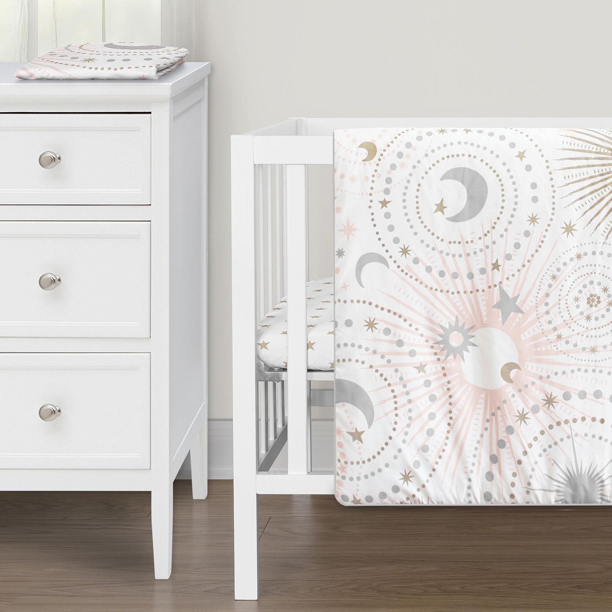 Sweet Jojo Designs Blush Pink Gold Star and Moon Girl 3pc Mini Crib Bedding Set Grey Celestial Sky Stars Gray Shabby Chic