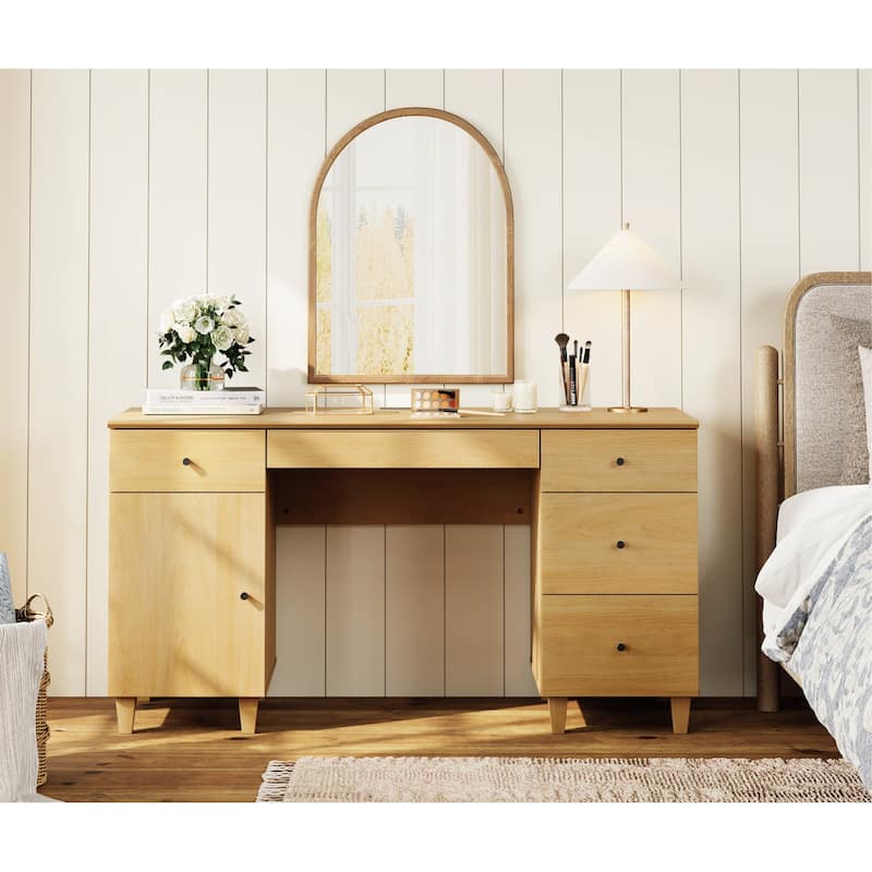 58" Wooden Vanity Desk with Storage Cabinet and Charging Station for Girls, Vanity Dressing Table for Bedroom - Oak Wood
