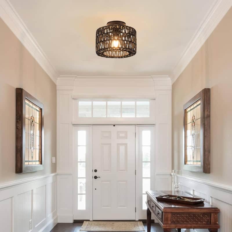 1 Light light fixture black bedroom light metal, rattan ceiling lighting