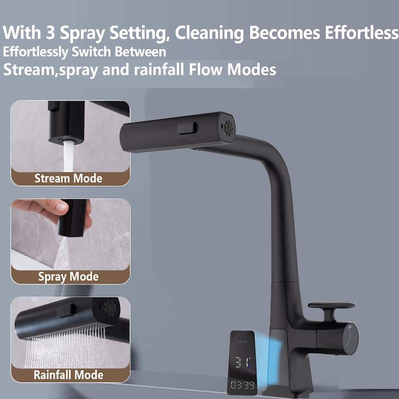 Modern 360°Rotating Waterfall Kitchen Faucet with Temperature Display & Pull Down Sprayer