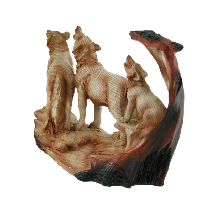 Howling Wolf Family Carved Wood Look Resin Statue - 6 X 9.5 X 3 inches