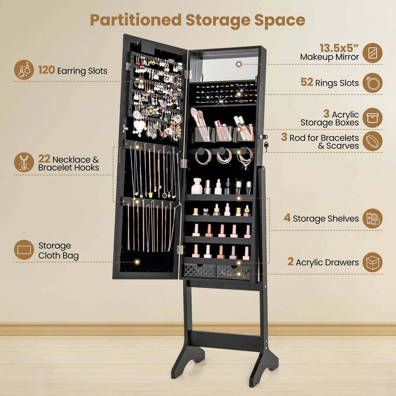 Costway LED Mirror Jewelry Cabinet with 20 LED Lights Full-Length - See Details