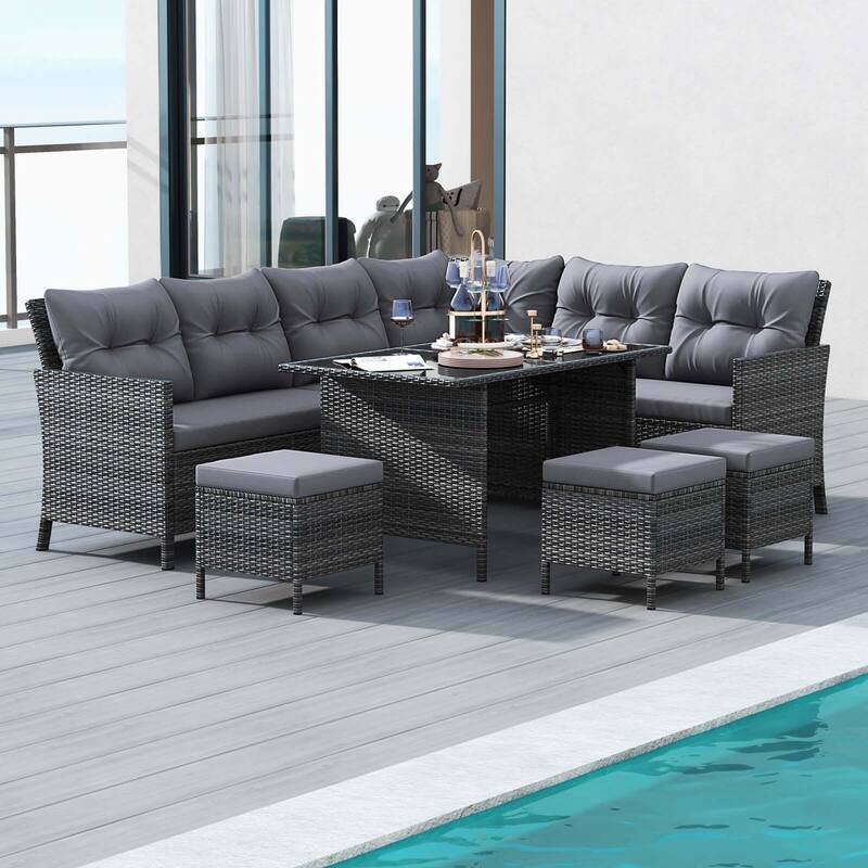 Costway 7 PCS Patio Dining Furniture Set PE Rattan Sectional Sofa Set - See Details