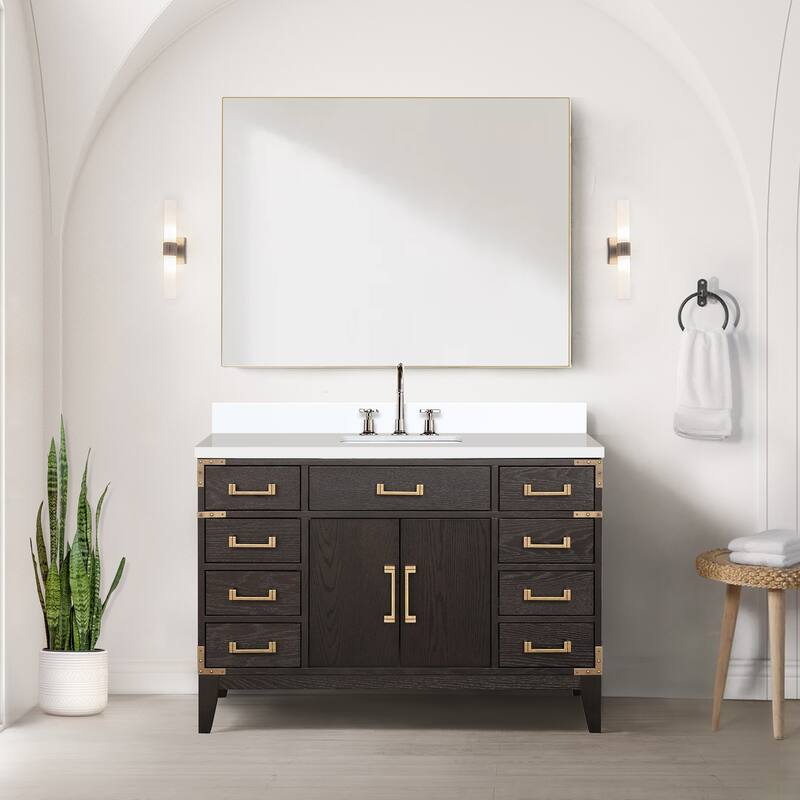 Laurel 48 in W x 22 in D Black Oak Single Bath Vanity, White Quartz Top, Faucet Set, and 46 in Mirror