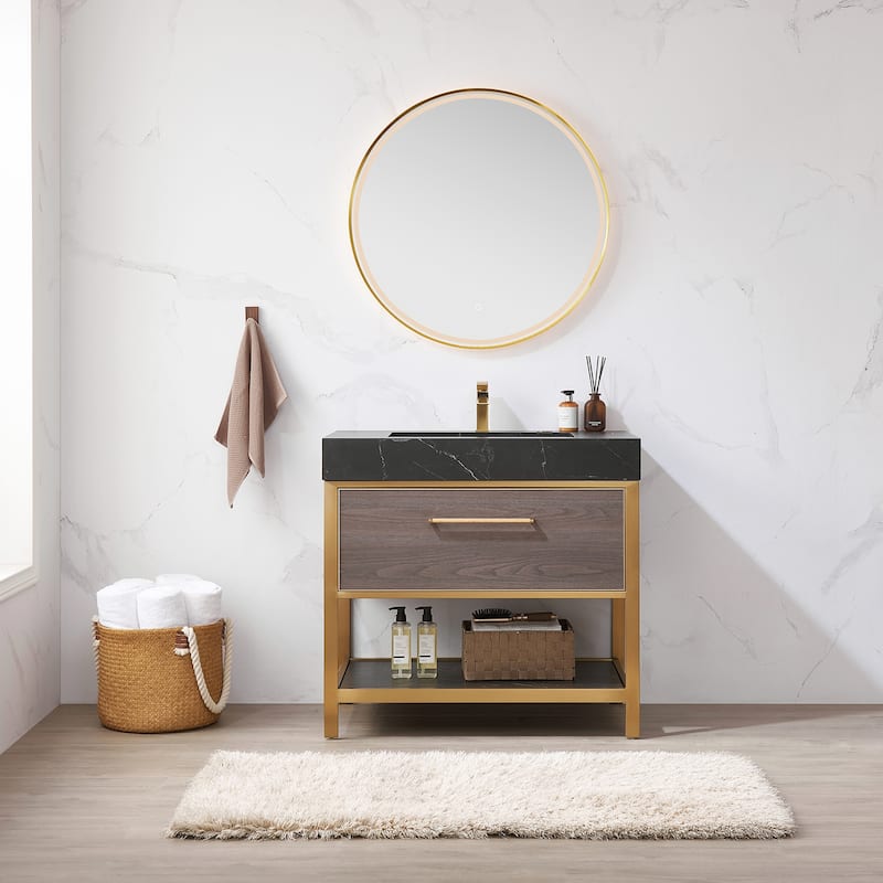 Segovia Bath Vanity with Sintered Stone Top - 36 in. - Suleiman Oak-With Mirror