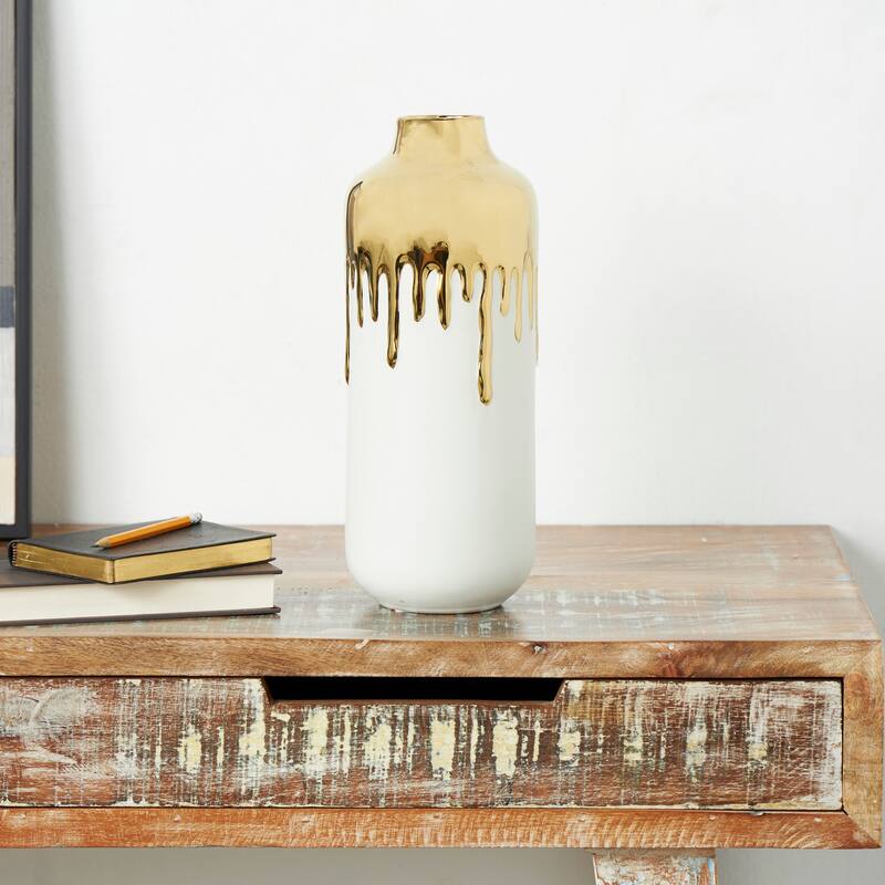 CosmoLiving by Cosmopolitan Black or White Ceramic Vase with Abstract Gold Melting Drips - White