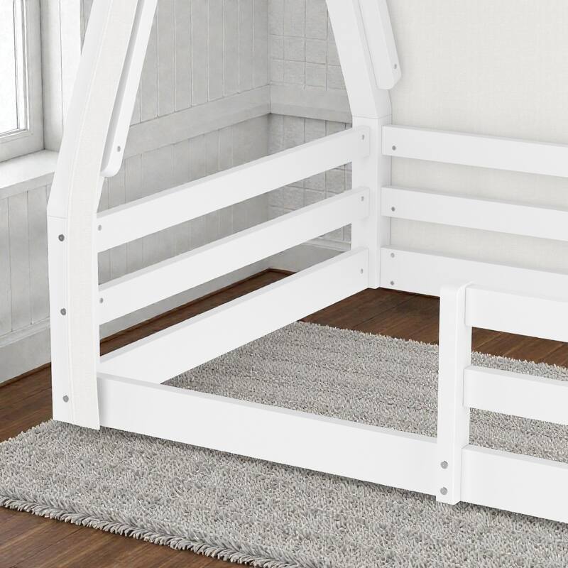 Montessori House Floor Bed with Tent and Lights, Solid Wood Teepee Bed with Guardrails, Twin/Full Kids Bed Frame