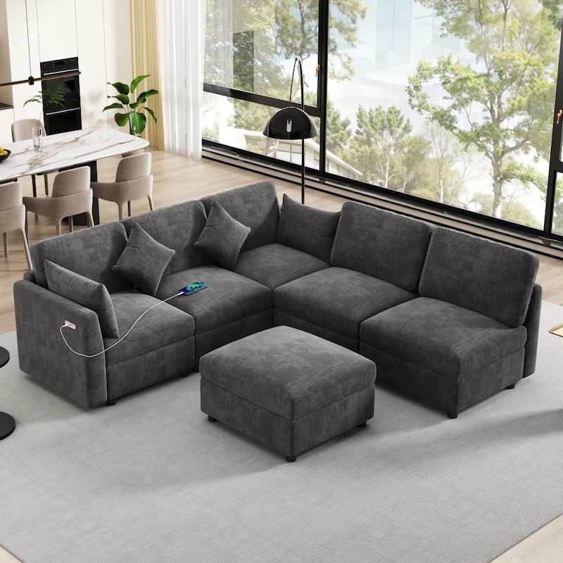 86.6" Convertible Modular Sectional Sofa with Movable Ottoman and USB Ports - Black