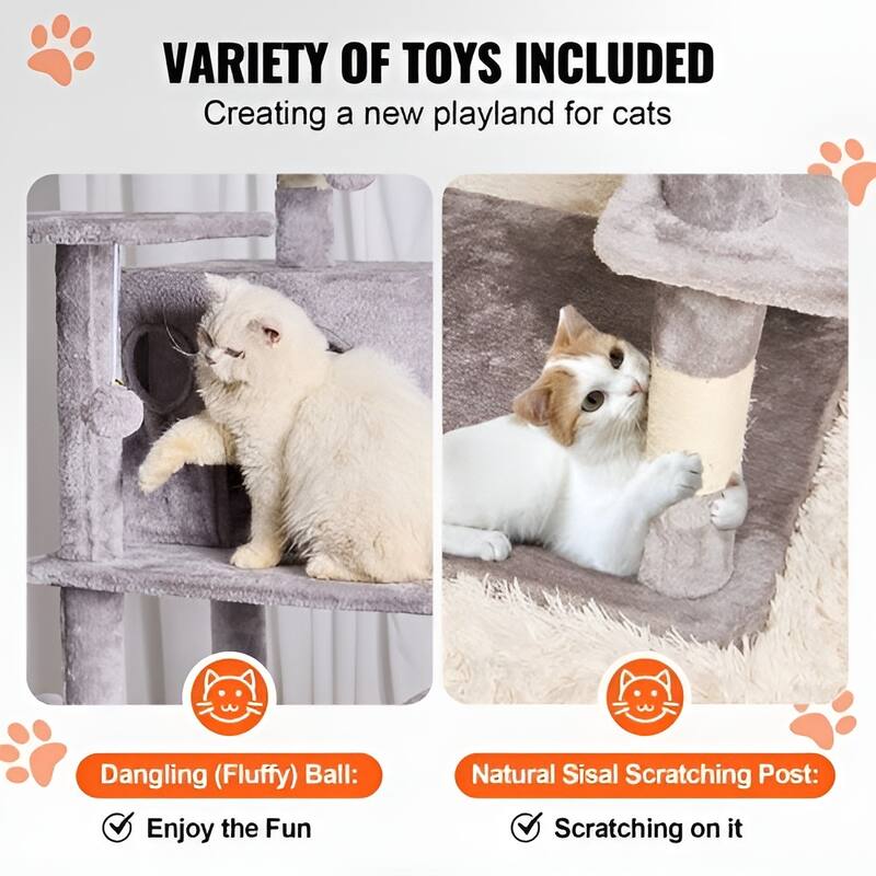 Light Grey Plush 8-Layer Cat Tree with Condos, Hammock and Toys