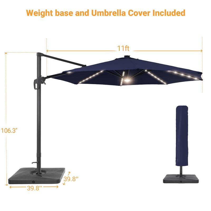 LIVOOSUN 11FT LED Round Patio Cantilever Umbrella With a Base