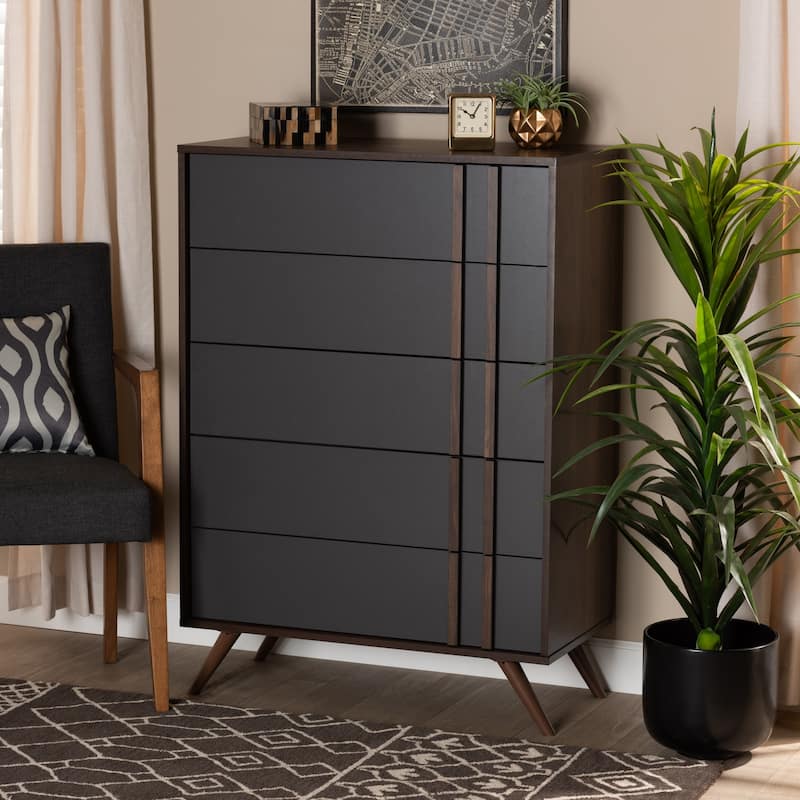 5-Drawer Wood Bedroom Chest - Modern Grey Walnut Finish - Storage Dresser
