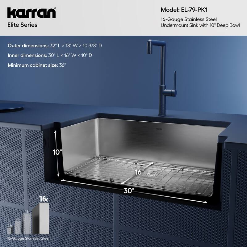 Karran Elite 32" Undermount 16 Gauge Single Bowl Stainless Steel Kitchen Sink