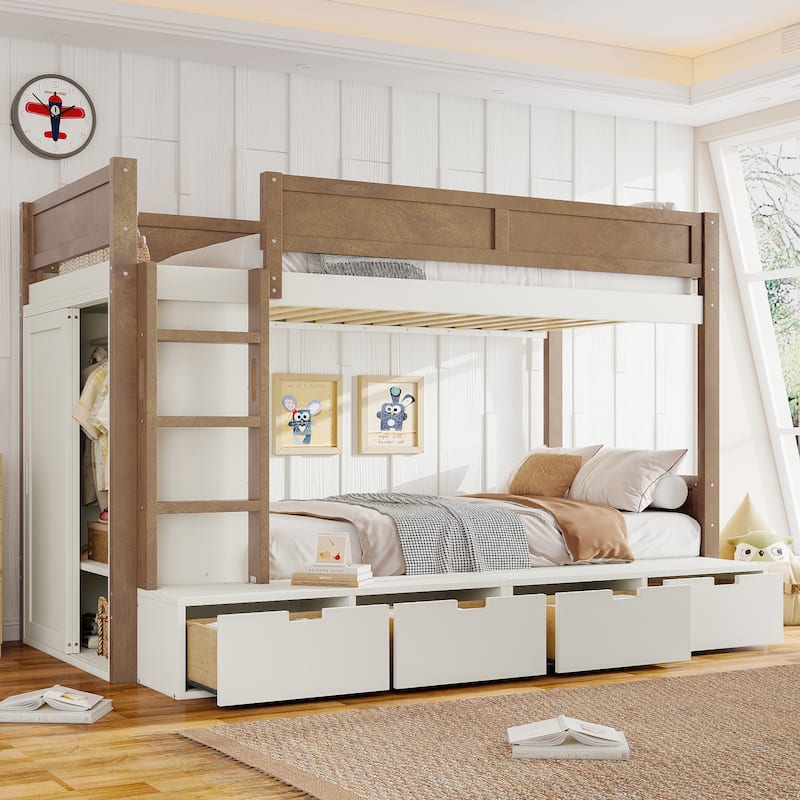 Twin over Twin Bunk Bed with 4 Drawers & Wardrobe - Solid Wood, Full-Length Guardrails, No Box Spring - Natural - Twin