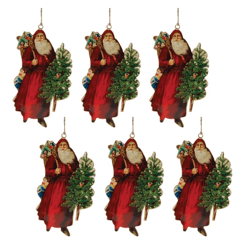 Santa Claus with Tree Christmas Ornaments - 8.5" - Red and Green - 6ct