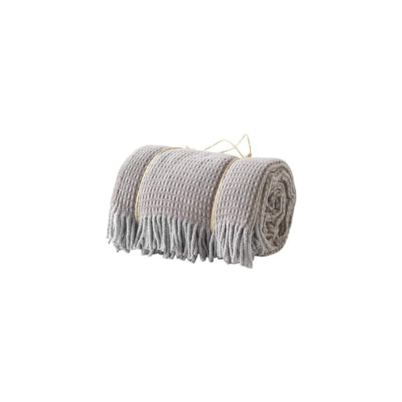 HomeRoots 55" X 70" Taupe And Gray Cotton Blend Woven Checkered Plush Throw Blanket with Fringe