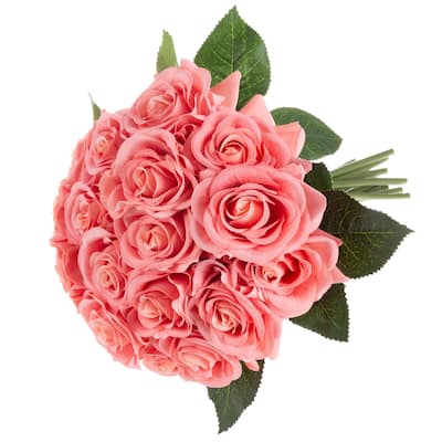 Pure Garden 18Pc Rose Artificial Flowers, Coral