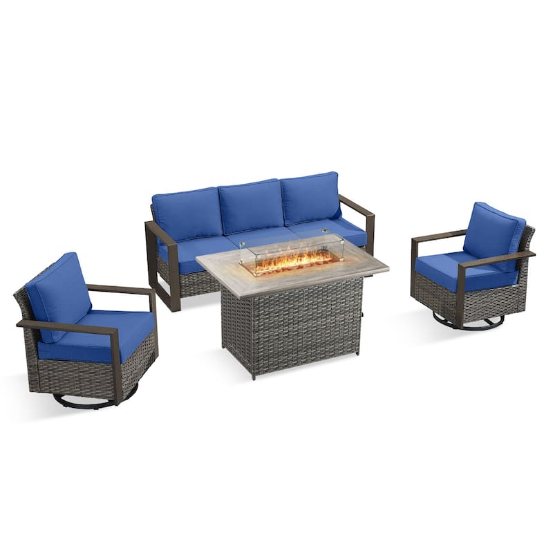 Pocassy 4 Pieces Outdoor Sofa Swivel Chair with Fire Pit Table Set
