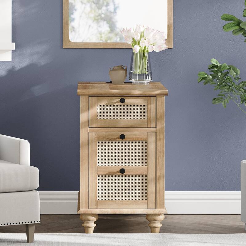 WAMPAT Farmhouse End Table with Charging Station, Wood Sofa Side Table