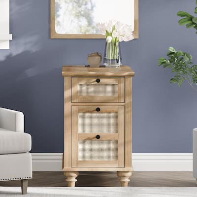 WAMPAT Farmhouse End Table with Charging Station, Wood Sofa Side Table