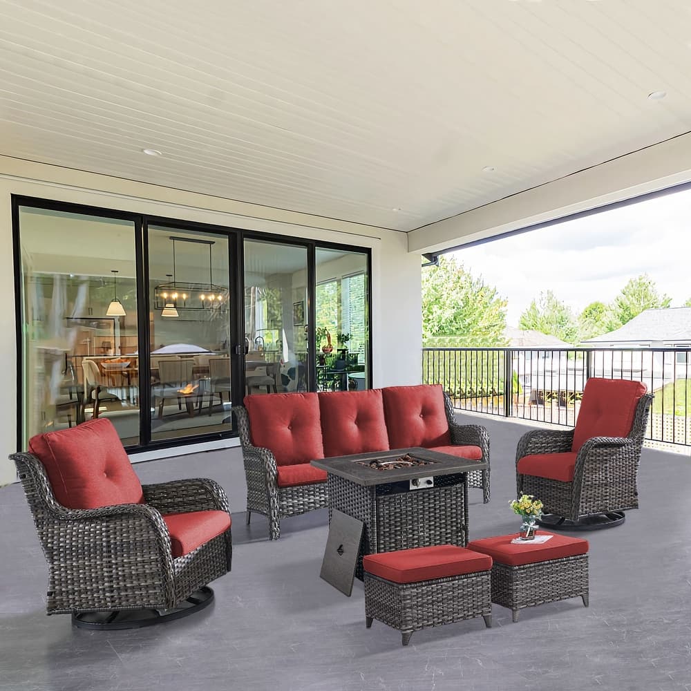 Gymojoy 6-Piece Outdoor Wicker Patio Furniture with Fire Pit Table, Rattan Coversation Set with Water Resistant Thick Cushions