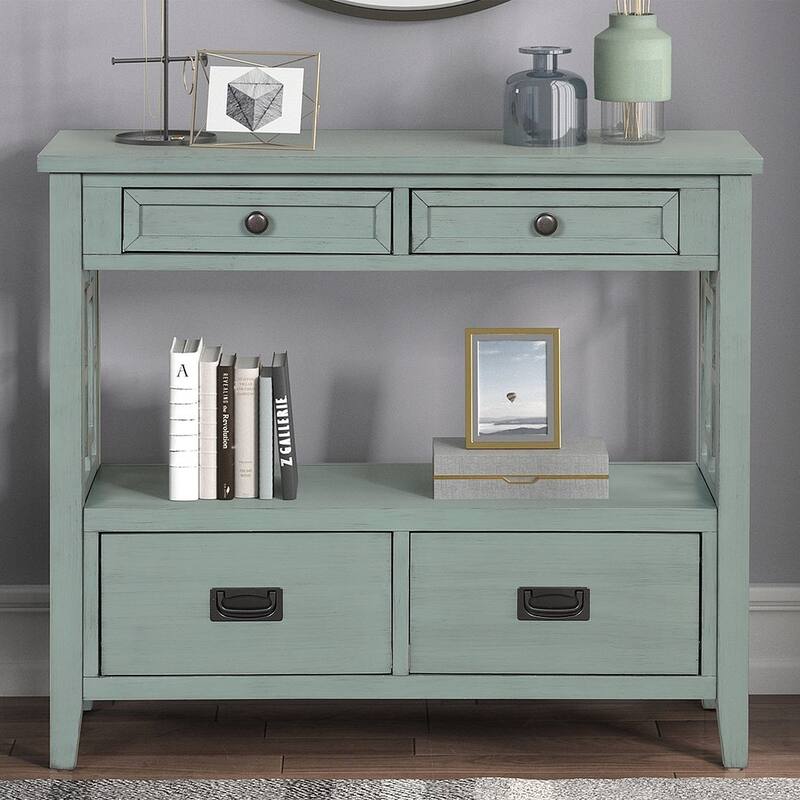 36" Pine Wood Console Table with Drawers and Shelves