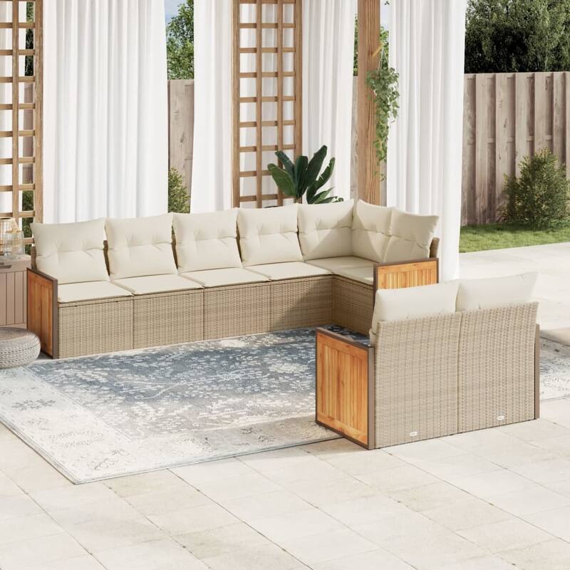 vidaXL Patio Sofa Set with Cushions Outdoor Conversation Furniture Poly Rattan - Beige and Cream - 24.4 x 24.4 x 27.2