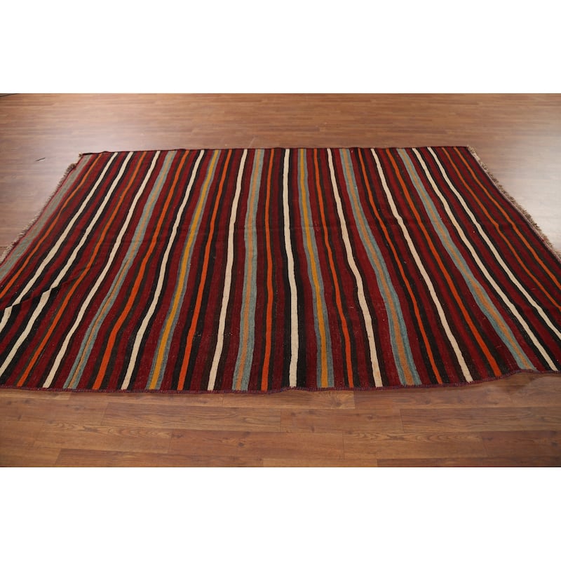 Striped Kilim Qashqai Persian Vintage Rug Hand-Woven Wool Carpet - 6'2"x 9'0"