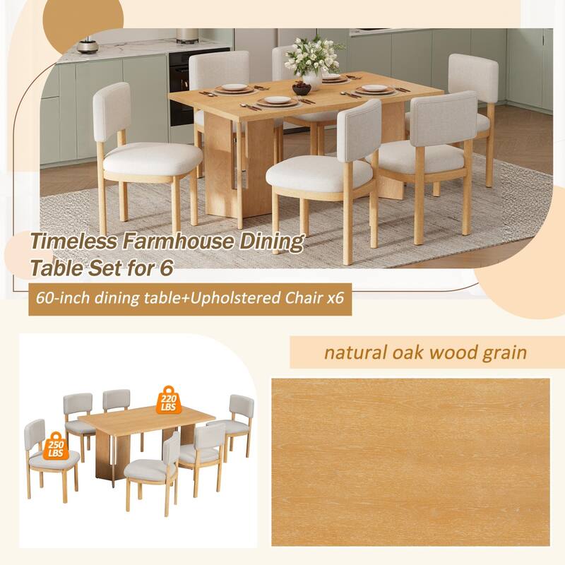 7-Piece Dining Set, 60" Rectangular Table with 6 Upholstered Chairs