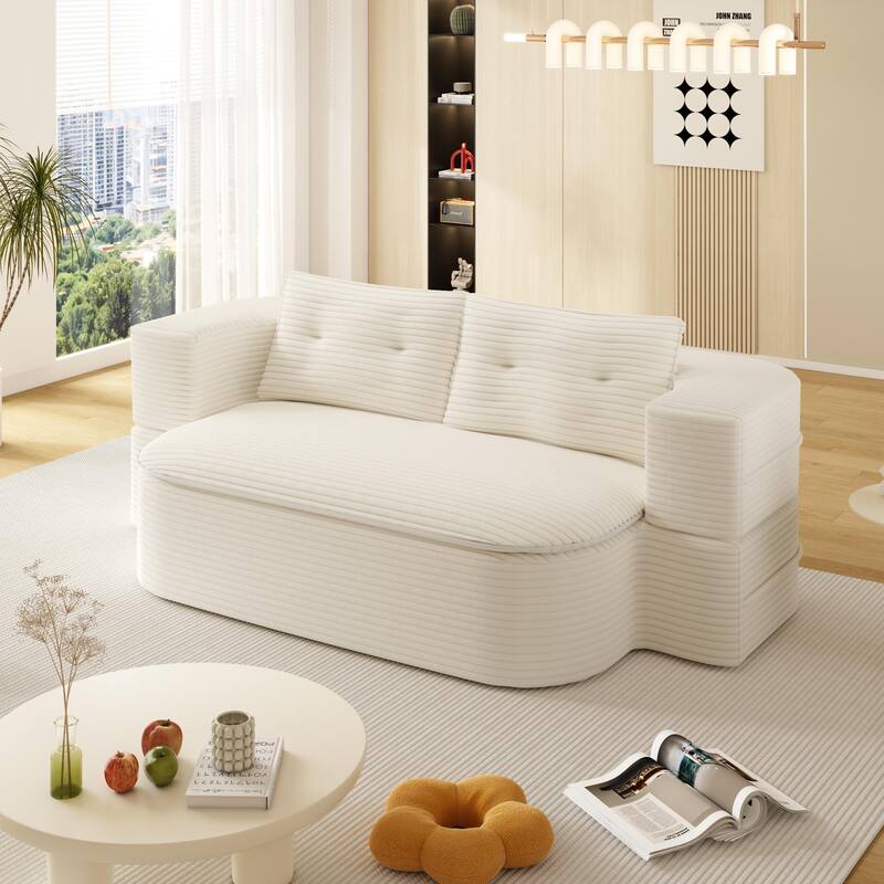 Modern Foldable Sofa with Convertible Blanket and Pillows, Plush Corduroy Fabric Sleeper Sofa Bed for Living Room or Bedroom