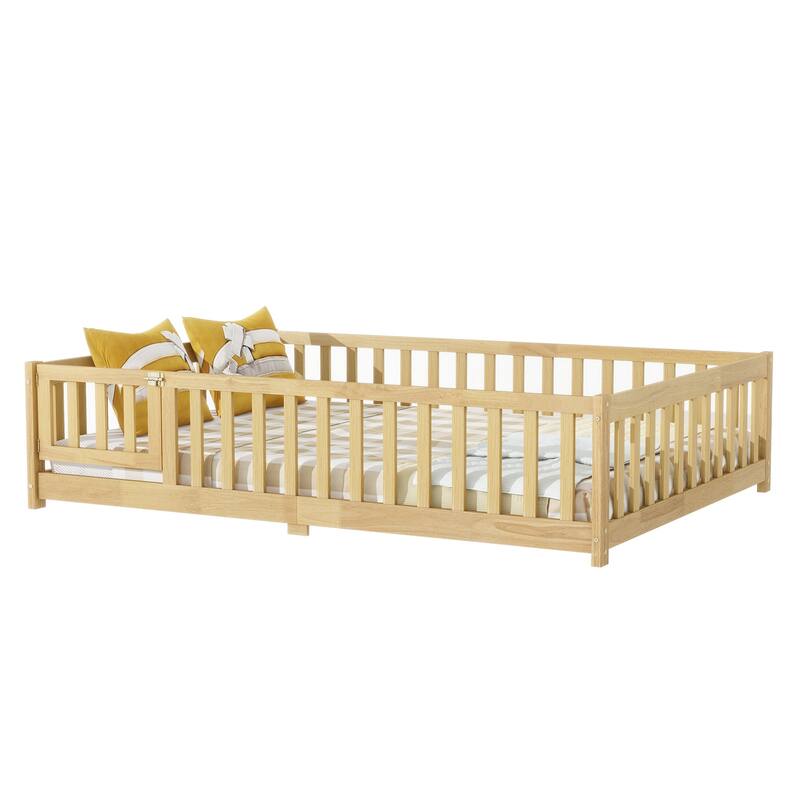 Twin Size Floor Bed with Fence and Door,Rubber Wood Floor Bed with Safety