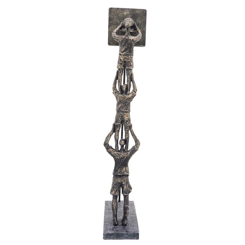 19" Three Men Dunking Basketball Sculpture - Contemporary Polyresin Basketball Teamwork Bronze and Copper Decorative