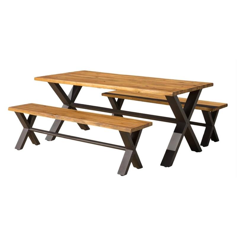 Roomfitters 3-Piece Outdoor Dining Set with Acacia Wood Table and Benches, Patio Furniture, Teak