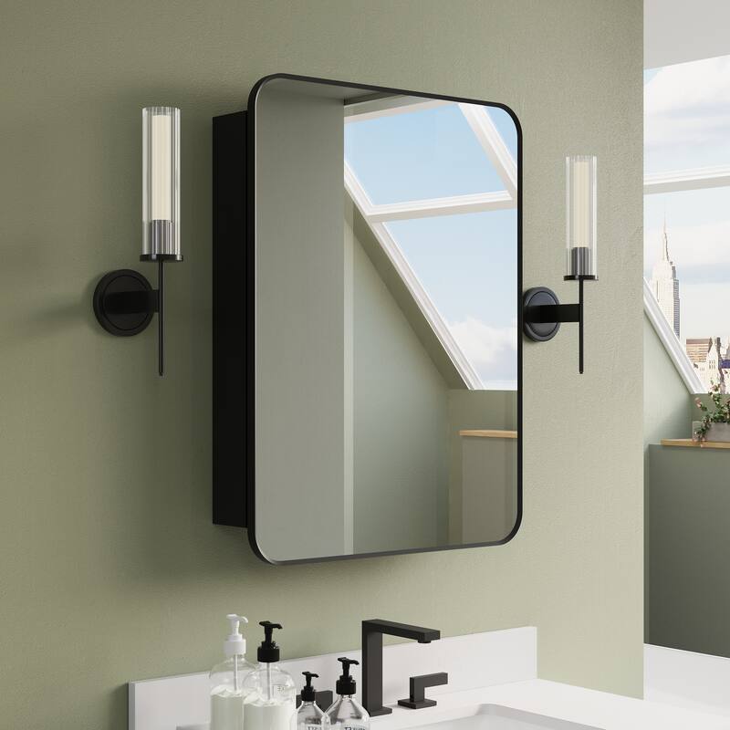 Recessed or Surface Wall Mount Bathroom Mirror Medicine Cabinet With Adjustable Glass Shelves