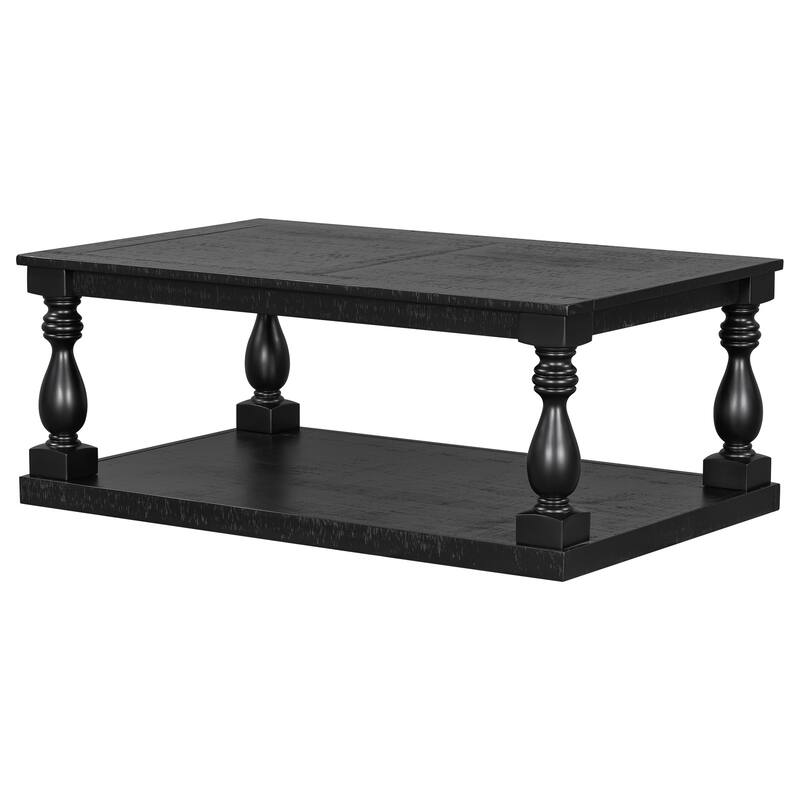 2-Tier Storage Coffee Tables with Vase Column Legs,Antique Wood Coffee Table Farmhouse 45" Rectangular Center Table