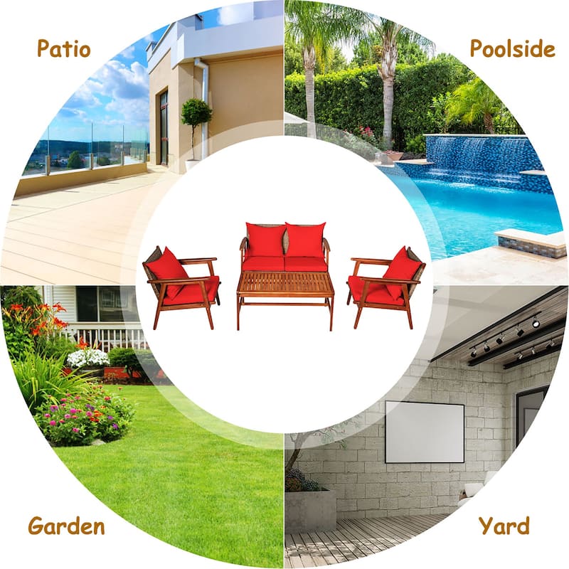 Costway 8PCS Patio Rattan Furniture Set Acacia Wood Frame Cushioned