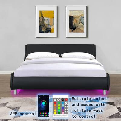 Faux Leather Upholstered Platform Bed Frame with LED Lighting, Queen Size