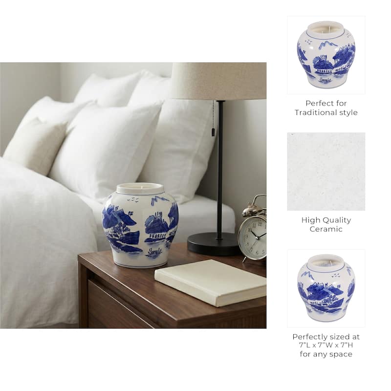 Chinoiserie Ceramic Candle - Neroli and Basil Scent - 7", Blue - 7.0"