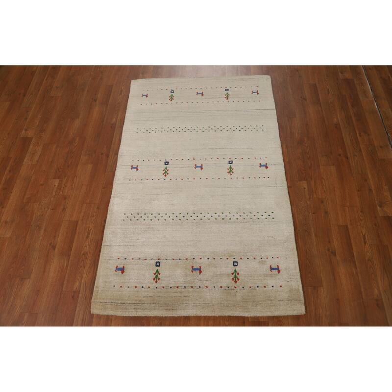 Tribal Gabbeh Indian Foyer Rug Handmade Accent Beige Silk Carpet - 3'1"x 4'11"