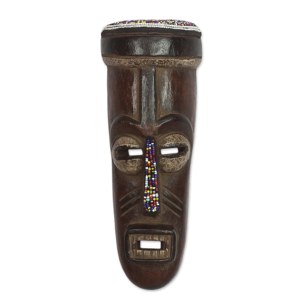 Novica Handmade Urhobo Festival Recycled Glass Beaded African Wood Mask