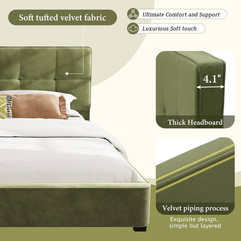 King Size Velvet Bed Frames, Luxury Upholstered Platform Bed with Tufted Headboard, Soft Square Corners, No Box Spring Needed