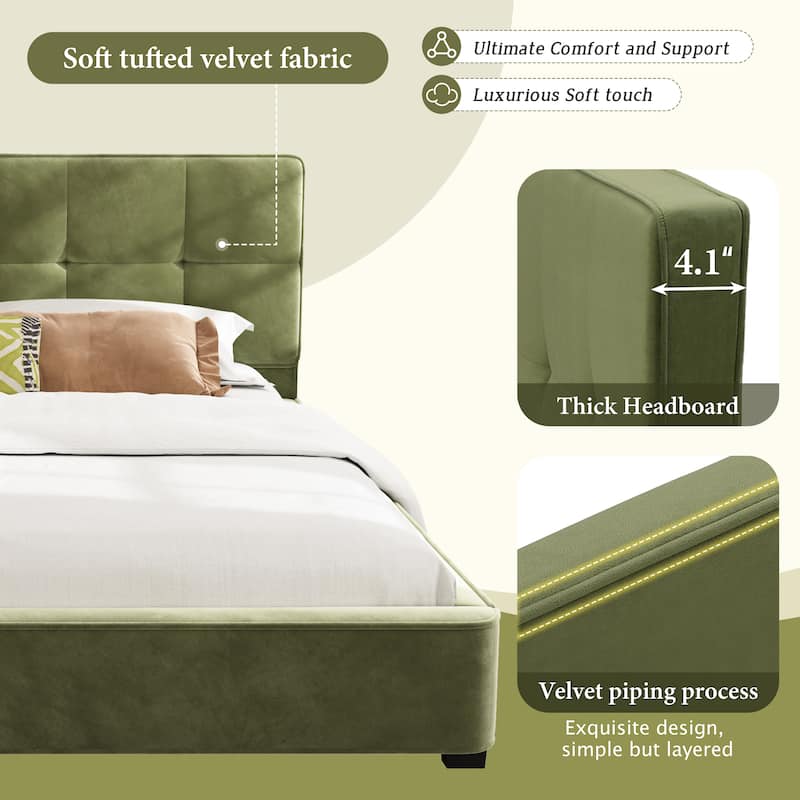 Olive Green Frames King Size Velvet Platform Bed Soft Square Corners Tufted Headboard Low Profile Bed Upholstered Grounded Bed