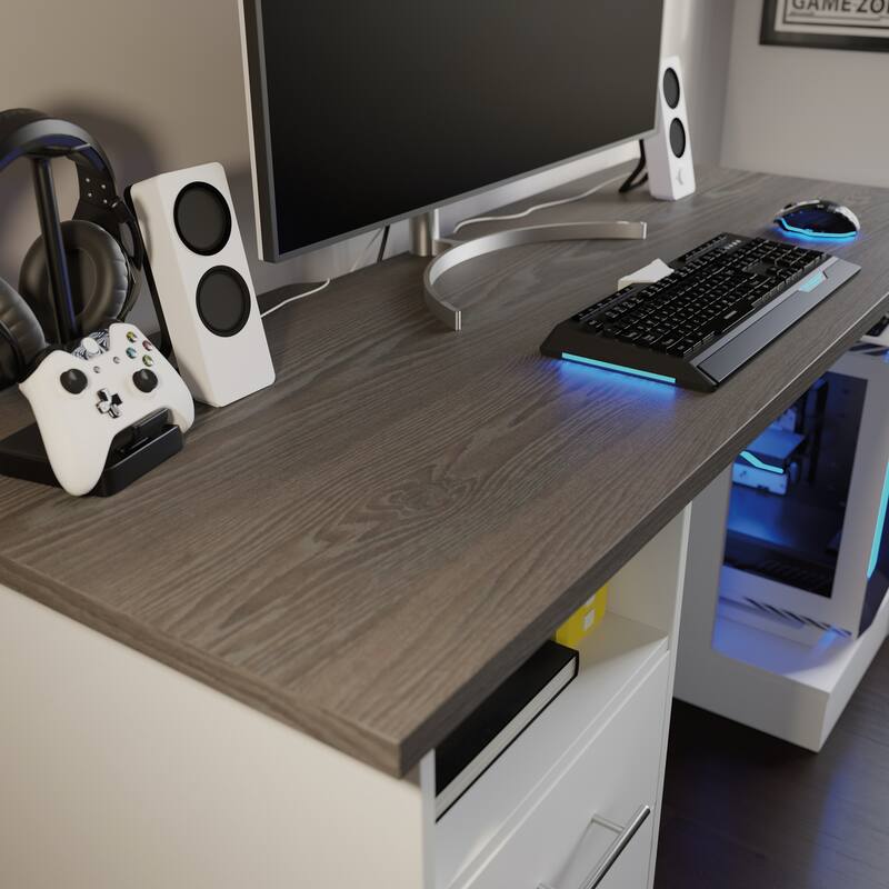 Engineered Wood Traditional Gaming Desk with 2 Drawers, White