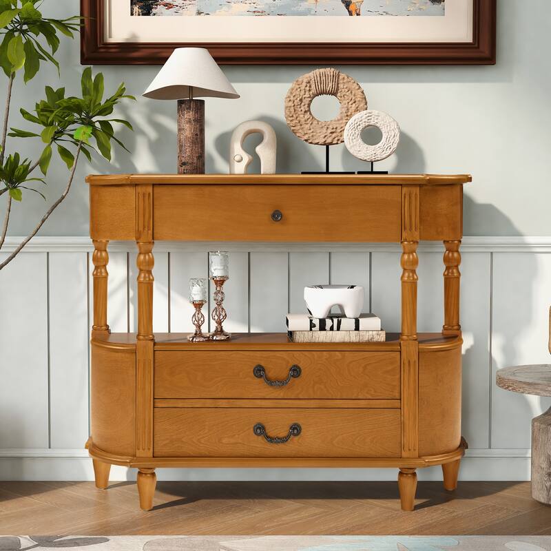 Retro Curved Wood Console Table with 3 Drawers, 43" Entry Table with Storage Shelf, Sofa Table with Solid Wood Legs - Brown