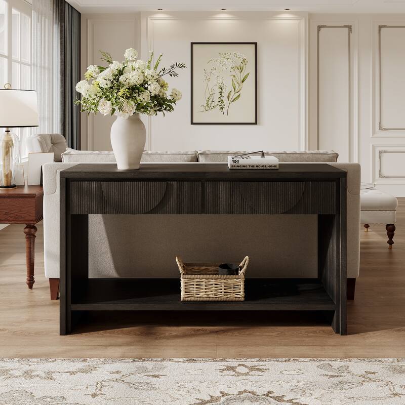 Farmhouse Style Console Table - 55.12" Long Distressed Wood Sofa Table with Storage Drawers & Open Shelf - Black