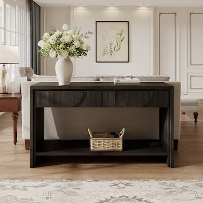 Farmhouse Style Console Table - 55.12" Long Distressed Wood Sofa Table with Storage Drawers & Open Shelf