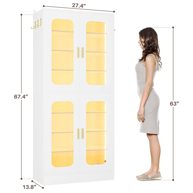 8-Tier Shoe Cabinet with LED Light, 32 Pairs Tall Shoe Storage Organizer with Side Hooks