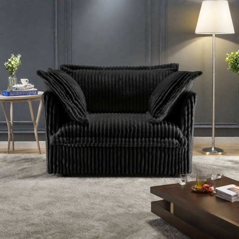 Corduroy Slipcovered Armchair with Deep Seat, 3 Large Pillows and 300lb Capacity - Black