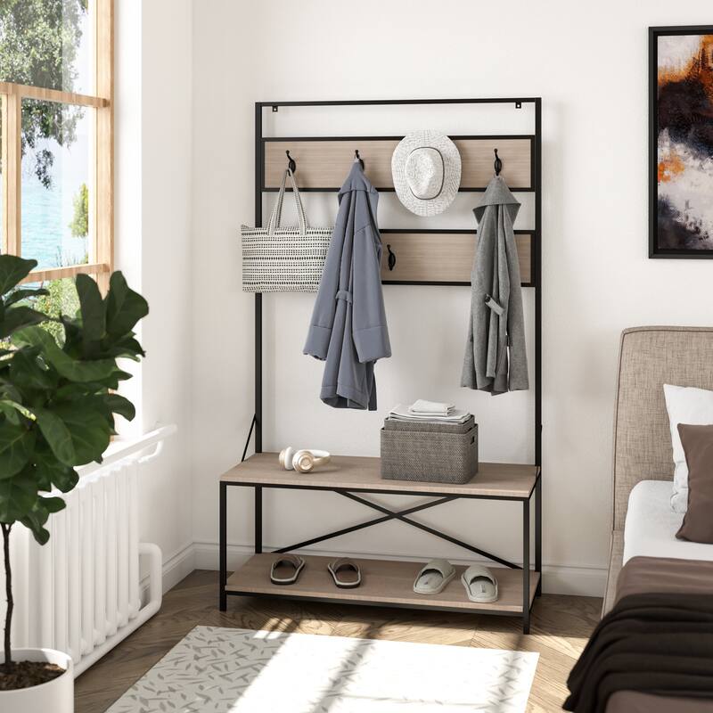 EVE-Modern 68-inch Height Mixed Material Hall Tree With Bench and Storage - 68*40*15 inches - Oak